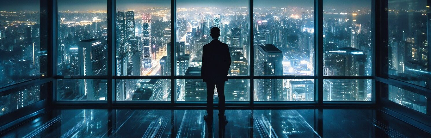 businessman looks out into city from the window of a skyscraper