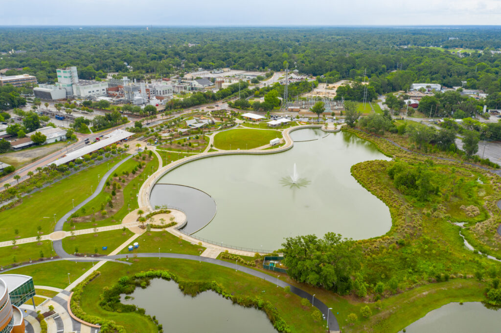 Aerial view of Depot Park in Gainesville Florida and the University of Florida campus