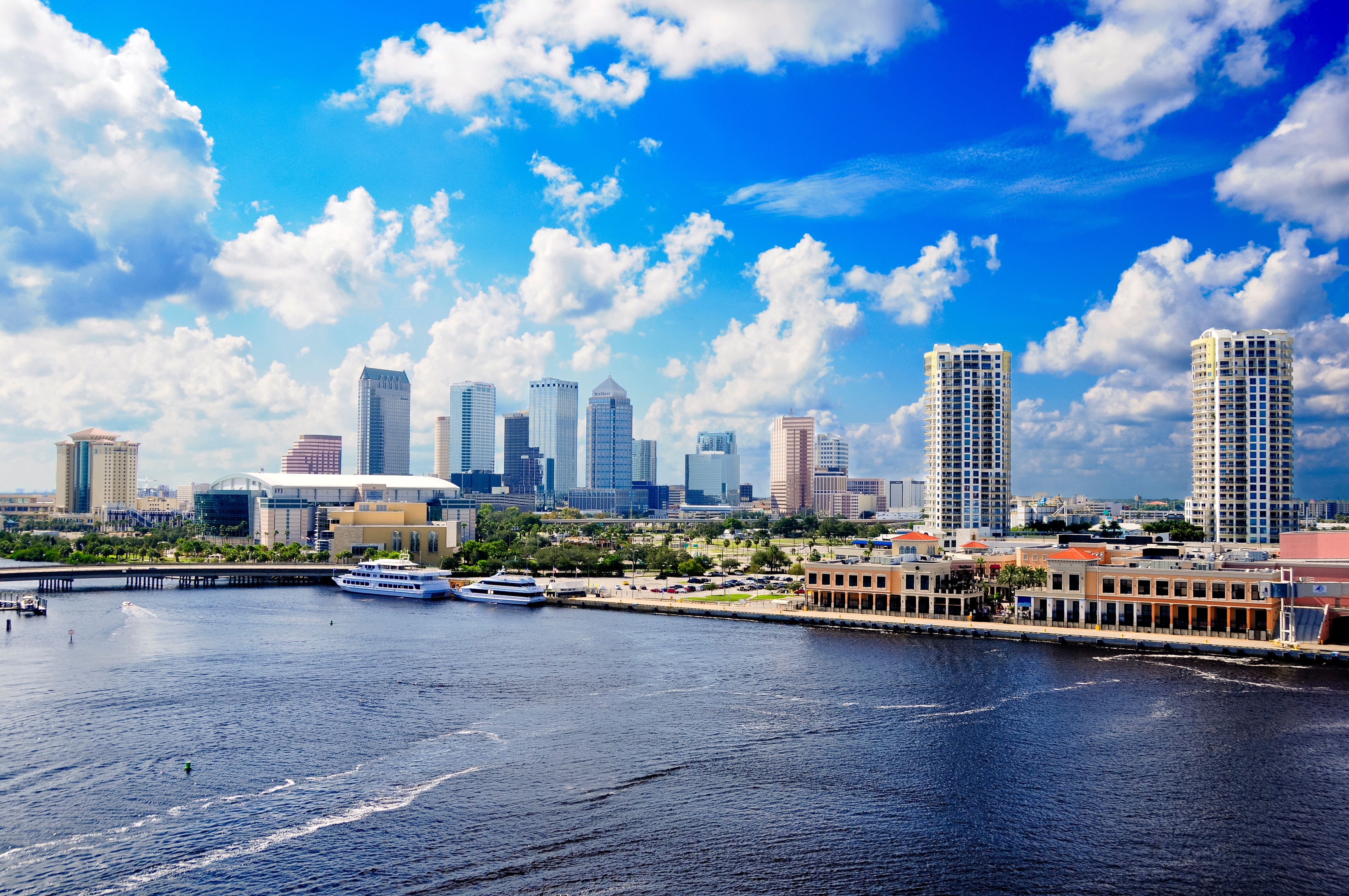 Tampa, Florida cityscape and harbor with boats along the waterfront
