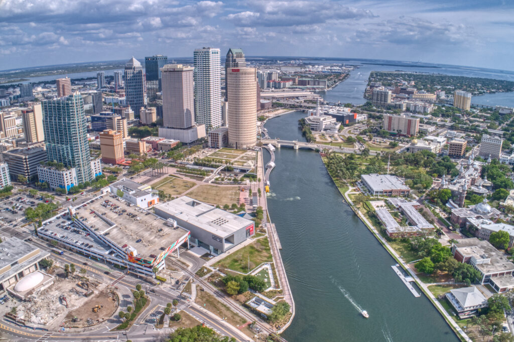 Aerial view of Tampa, Florida skyline and waterfront illustrating Tampa’s strong business market.