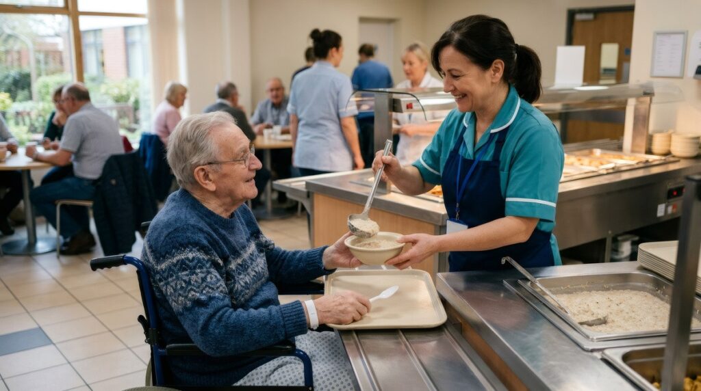 Assisted living facility dining room with caregiver serving senior resident, Florida senior care services.