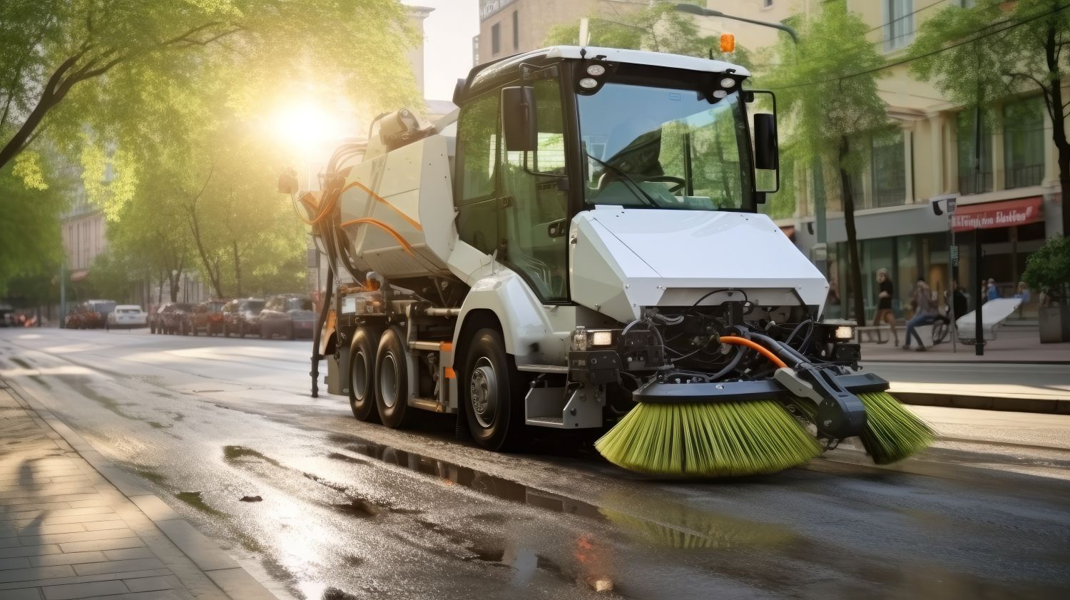 Street sweeping vacuum truck and broom tractor for commercial pavement sweeping business.