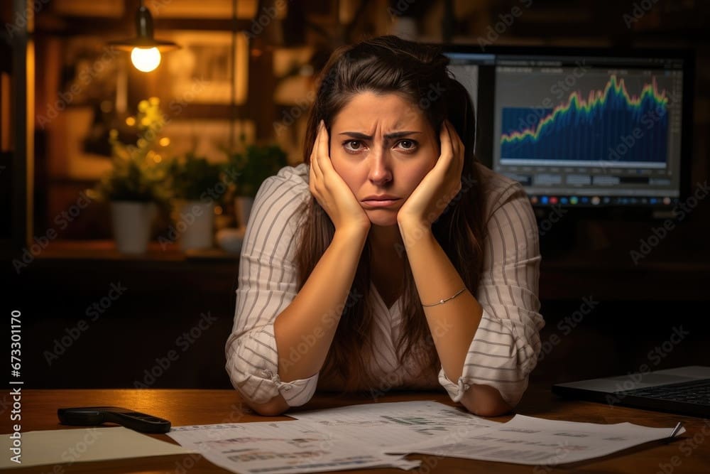 Woman with hands on her face looking stressed at a desk with a financial chart on a monitor