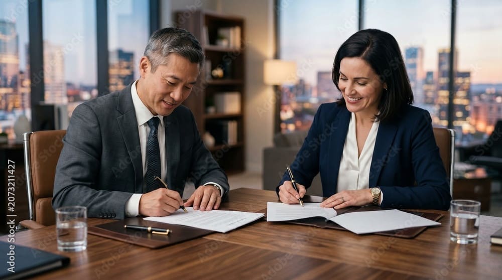 Two business professionals signing documents together at an office desk with a city view