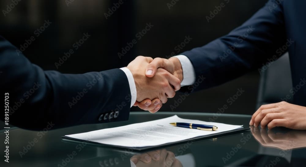 Handshake over a signed contract document on a desk after finalizing a business deal