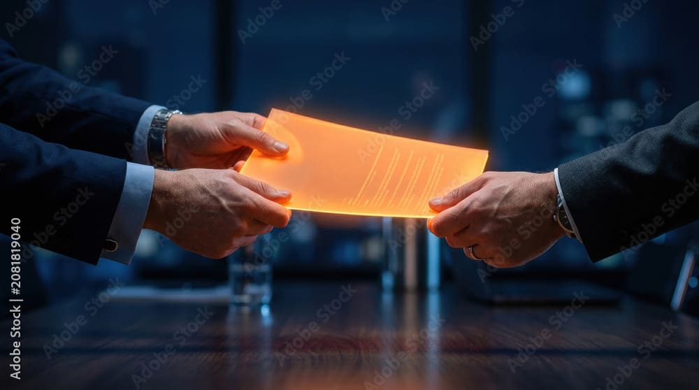 Two business people in suits exchanging a glowing document during a deal handoff