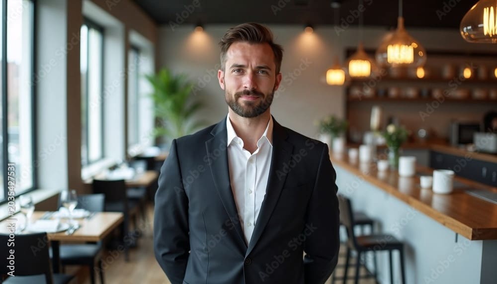 Man in a suit standing confidently inside a restaurant dining area