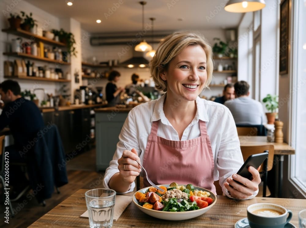 Woman in a pink apron smiling and eating a healthy salad at a wooden cafe table