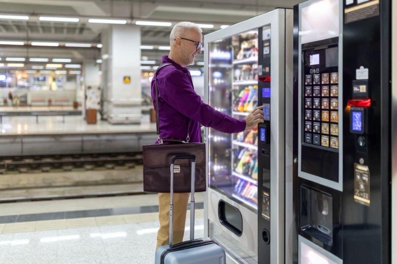 Man using modern vending machine with card reader, Northeast Florida vending business for sale.