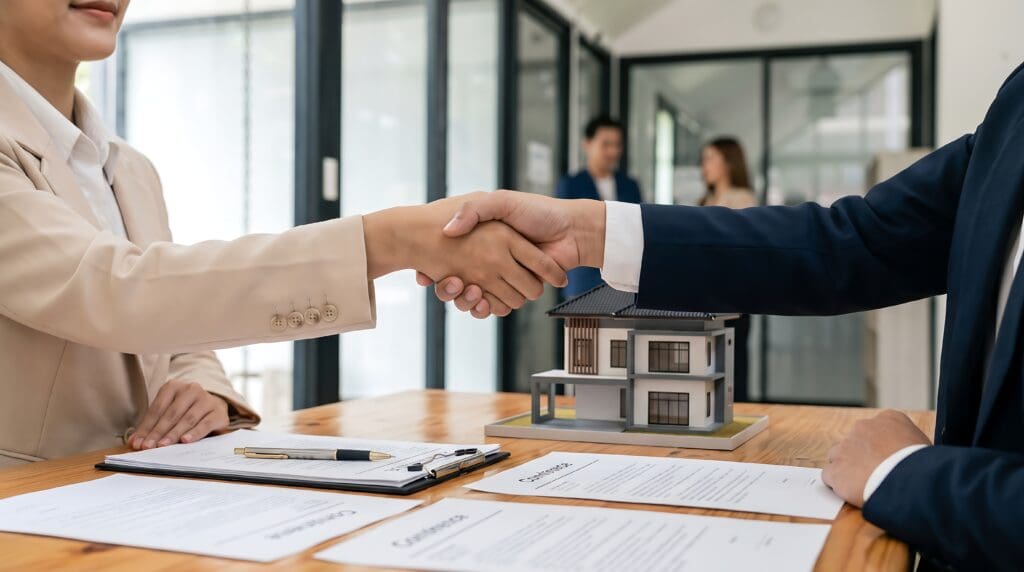 Business partners shaking hands over a contracting deal – selling a residential contracting business in Florida