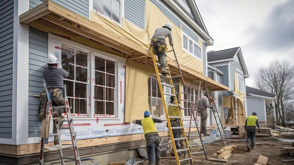 Construction crew installing exterior siding on a two-story home – selling a siding contractor business in Florida