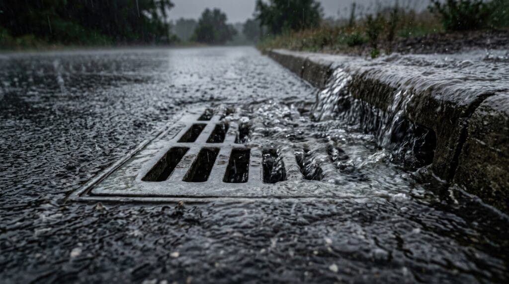 Heavy rain flowing into a roadside storm drain &ndash; selling a stormwater management business in Florida